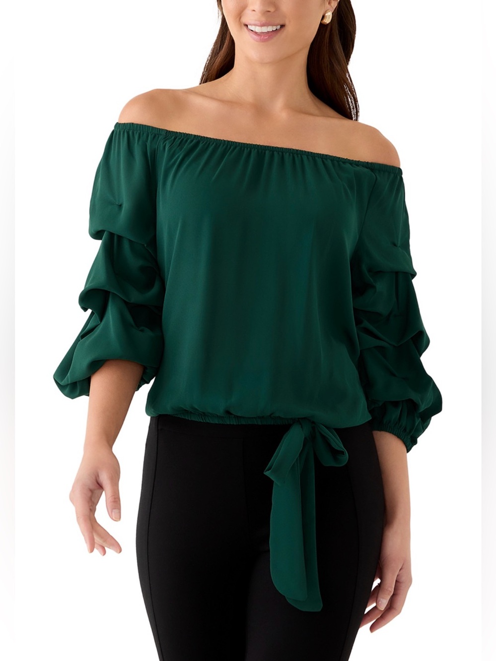 VINCE CAMUTO Off-Shoulder Ruffle Sleeve Tie-Waist Top - Forest Green.